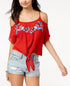 Juniors' Embroidered Cold-Shoulder Top